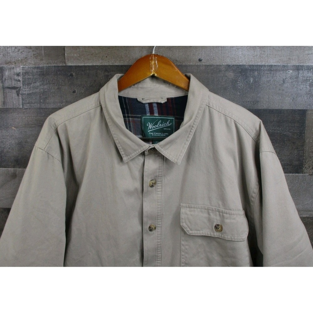 Woolrich Jacket Mens 2XL Khaki Green Label Flannel Lined Shirt Coat Cotton
